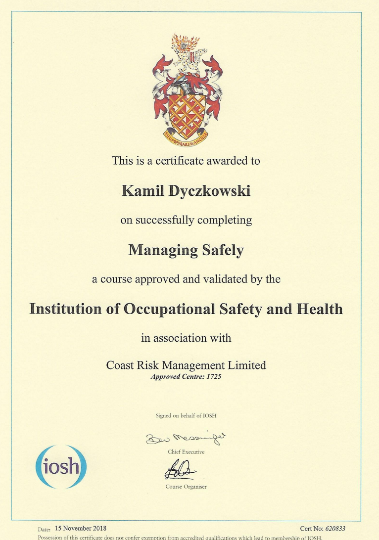 IOSH Managing Safely certificate