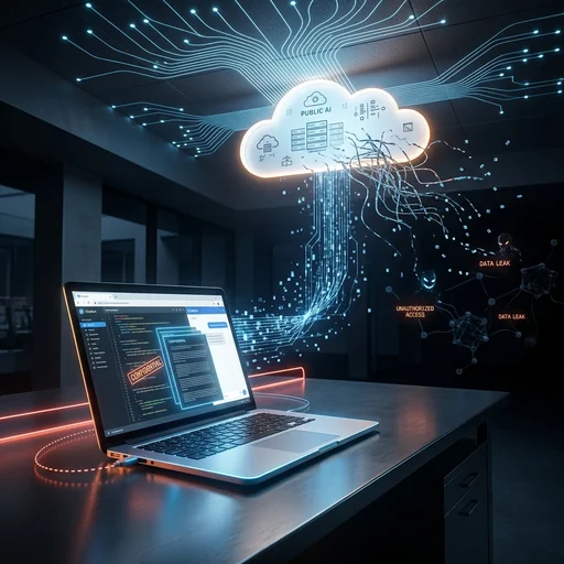Confidential business data leaking from a laptop to a public AI cloud, exposing it to unauthorized access and data leaks